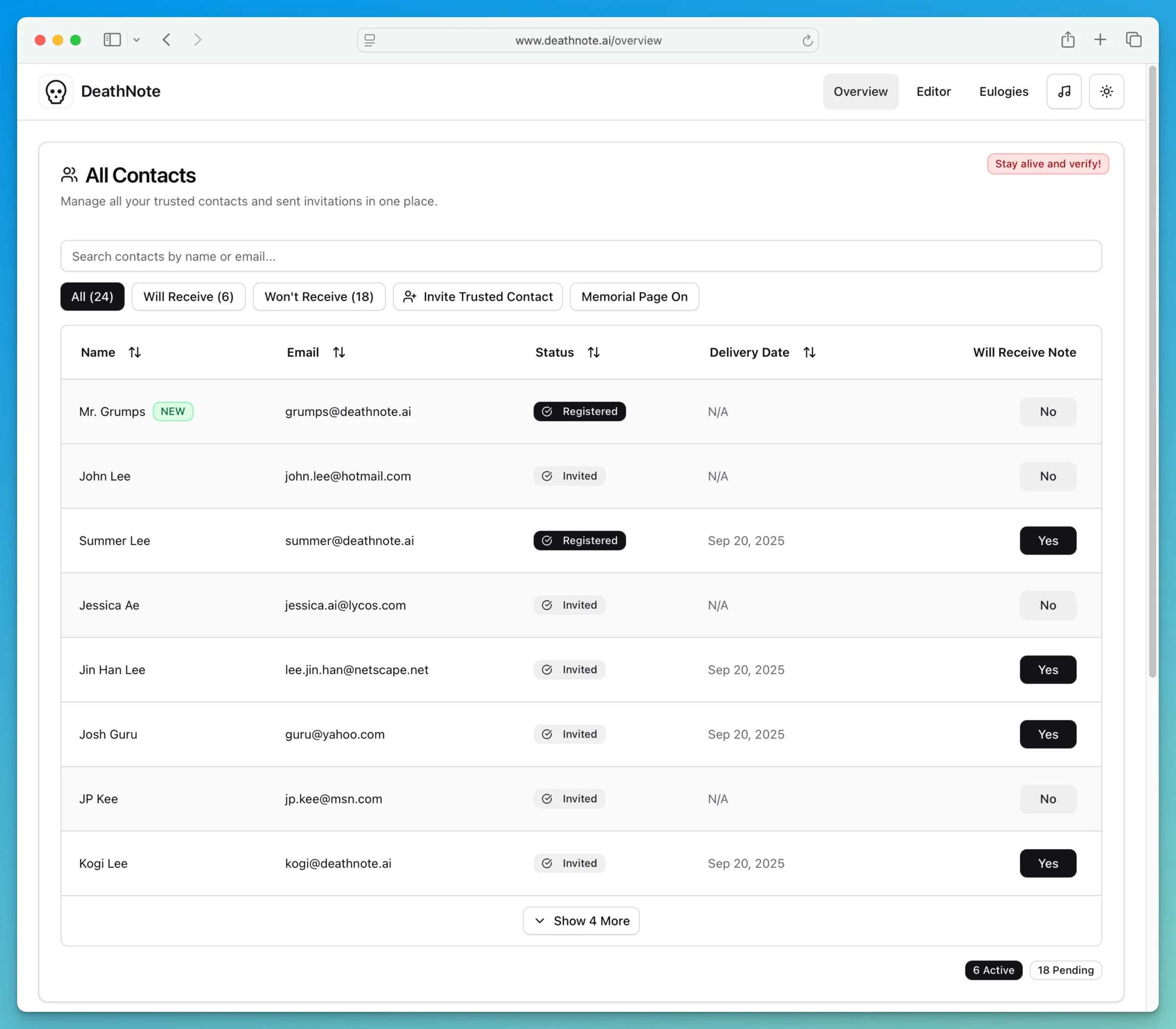 DeathNote Contact Dashboard showing a table of trusted contacts with status indicators, delivery dates, and action buttons for managing recipients
