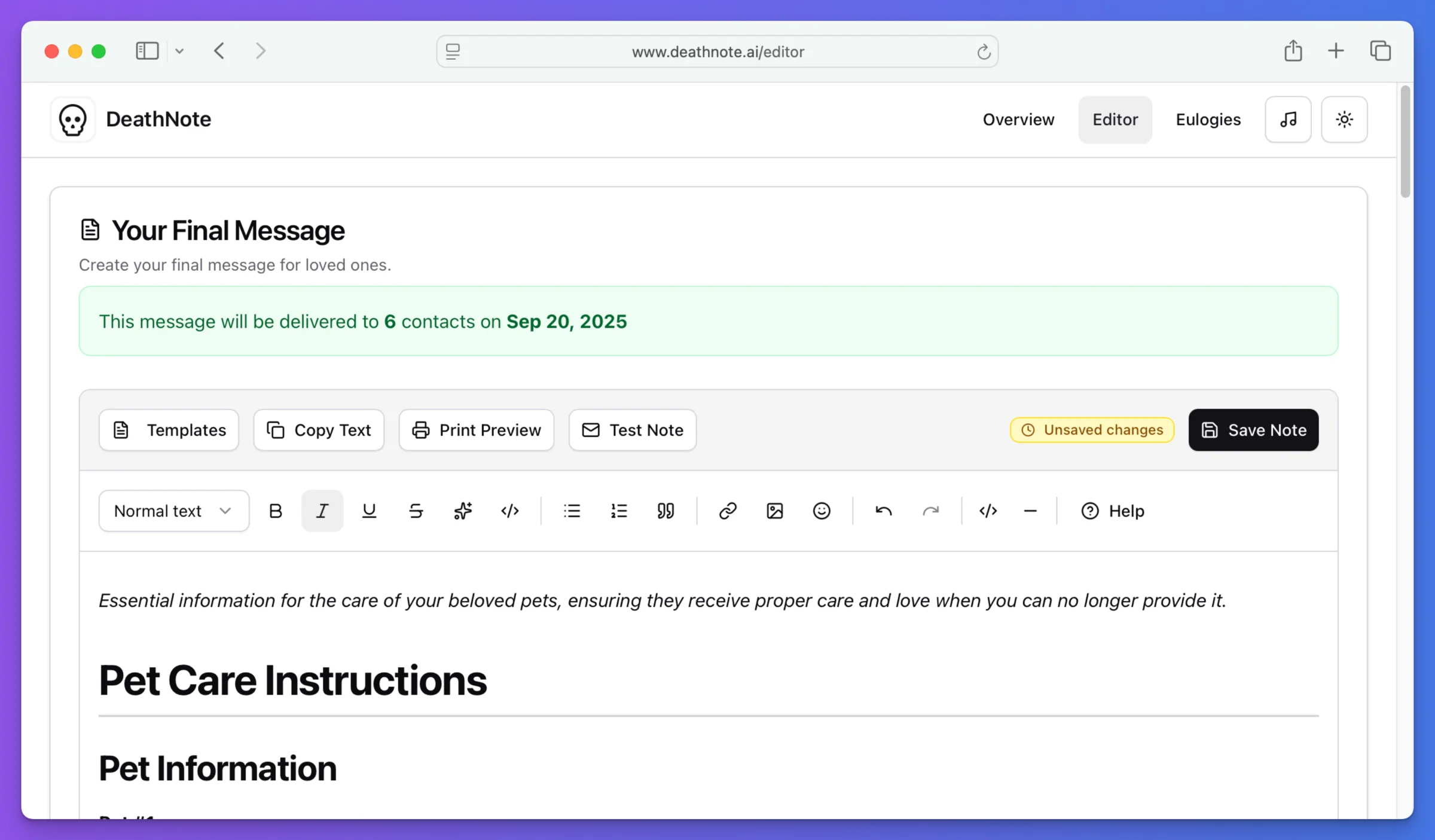 DeathNote Editor interface featuring a rich text editor with formatting toolbar, template options, and preview functionality for creating final messages