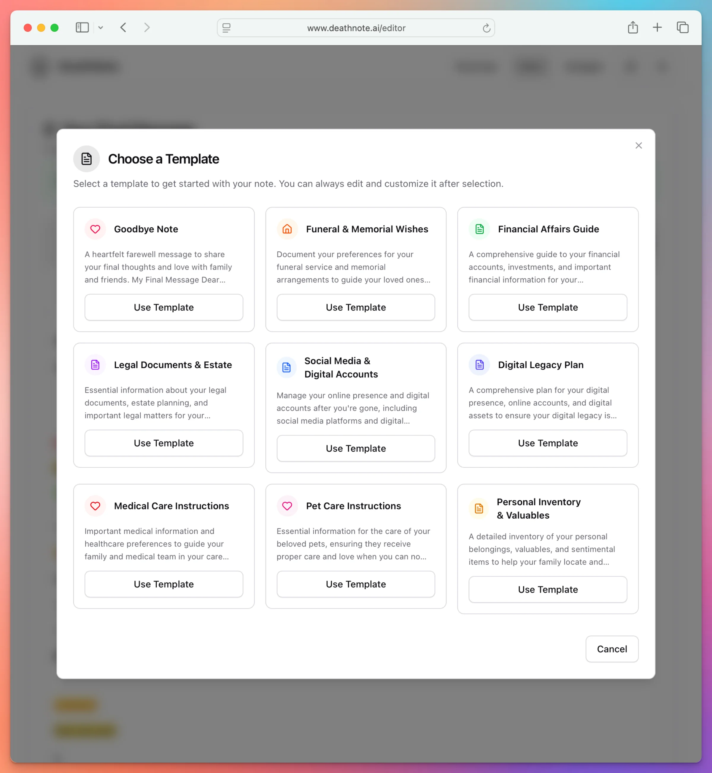 Template selection modal showing 9 pre-made templates including Goodbye Note, Funeral Wishes, Financial Affairs, Legal Documents, Social Media accounts, Digital Legacy, Medical Care, Pet Care, and Personal Inventory